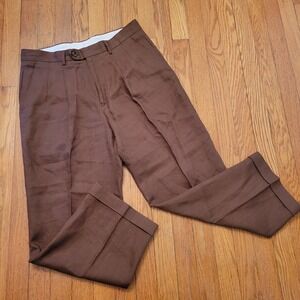 Paul Fredrick Pleated Linen Trousers Brown 33 Casual Dress Pants Grandpa Granola